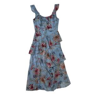 BCBGmaxazria women's Blue Floral Fitted Bodice Ruffle Midi Dress Size 2
